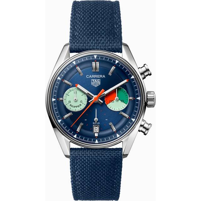 TAG Heuer Carrera Chronograph Skipper HEUER02 Automatic 39 mm Watch - Blue Dial - Blue Leather Band - Round Steel Case