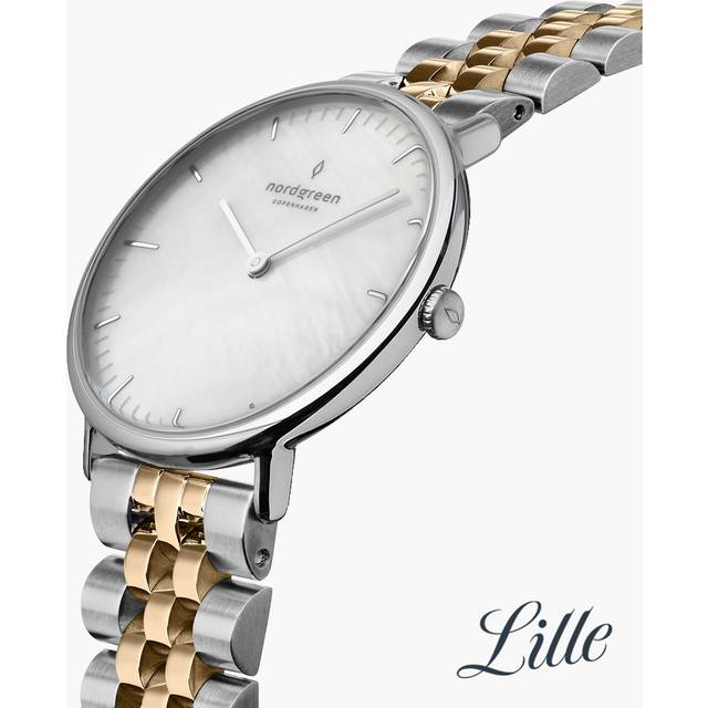 Nordgreen Minimimal Women's Dress Classy Watch - 28mm Silver Case - Mother of Pearl Dial - Silver/Gold Metal Strap