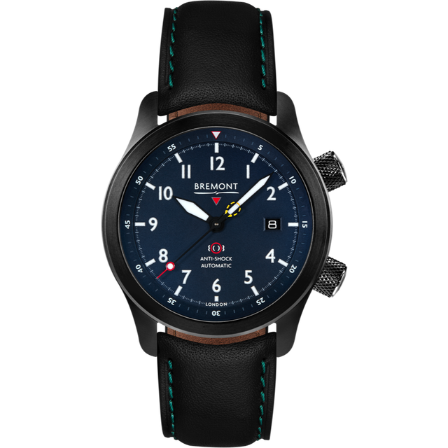 Bremont Watch MBII Custom DLC Blue Dial with Titanium Barrel & Closed Case Back - Black with Green Stitch Leather Pin Buckle