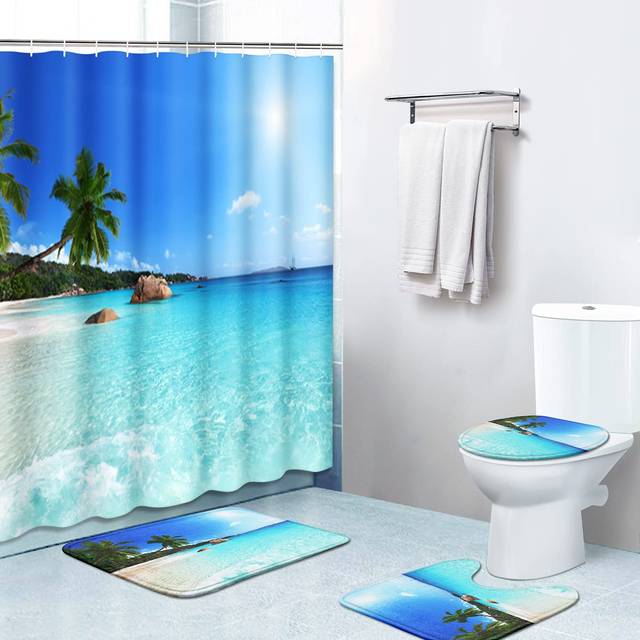 Britimes 4 Piece Shower Curtain Sets  with 12 Hooks  Tree Tropical Beach with Non-Slip Rugs  Toilet Lid Cover and Bath Mat  Durable and Waterproof  fo