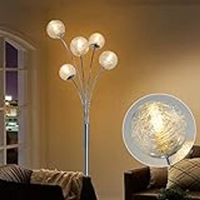 Depuley LED-golvlampa med 5 ljuskällor vardagsrum, modern golvlampa sovrum med glasboll och fotströmbrytare, ögonskydd, 220–240 V, golvlampa 5 lampor för kontor, matsal, restaurang