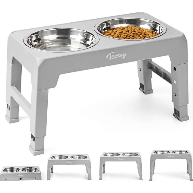 Toozey Raised Dog Bowl Height-Adjustable, Dog bowls with 2x 1200ml Stainless Steel Bowls, for Medium & Large Dogs, Non-Slip and No Spill (Grey)