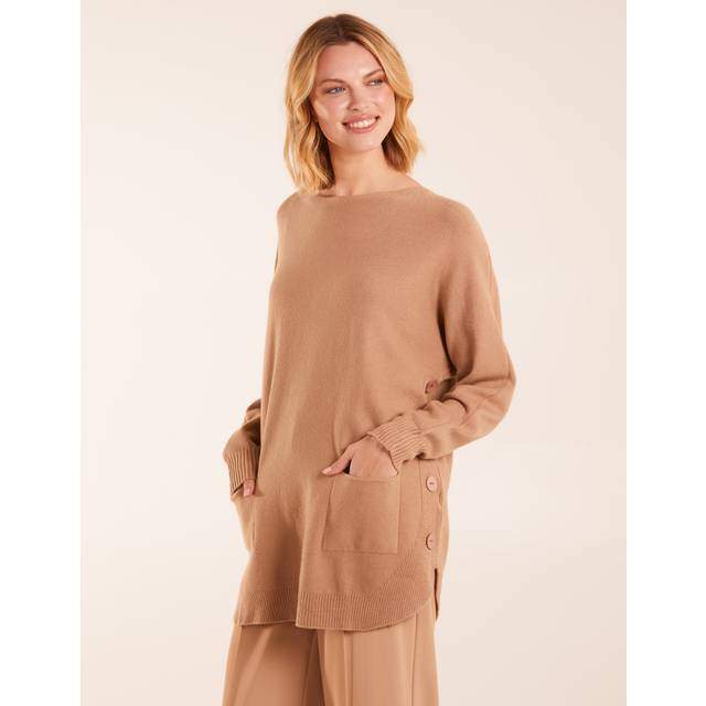 Blue Vanilla Womens Pocket Slash Neck Jumper - Camel Viscose/Polyester - One Size