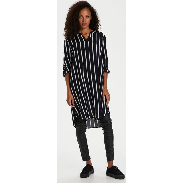 KAFFE damtröja tunic med Roll Up Sleeves överdimensionerade lång blus casual klänning, svart/kalkband, 38