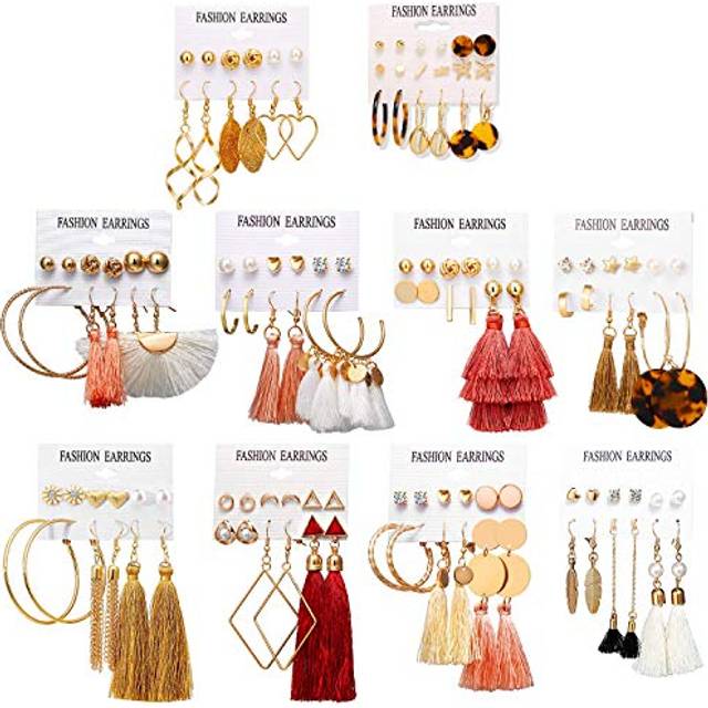 63Pairs Fashion Earrings with Tassel Earrings Layered Ball Dangle Hoop Stud Jacket Earrings for Women Jewelry Fashion and Valentine Birthday Party Gif