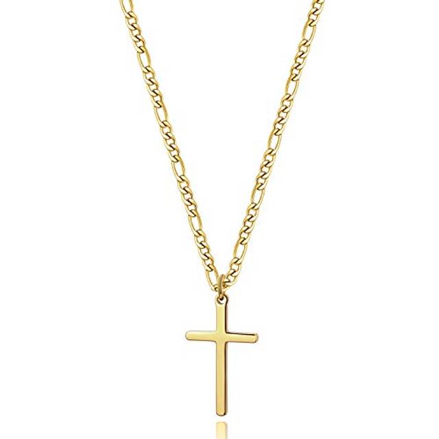 14K Gold Filled Cross Necklace for Men Figaro Chain Stainless Steel Plain Polished Cross Pendant Necklace Simple Faith Jewelry Gift for Boy Women Girl