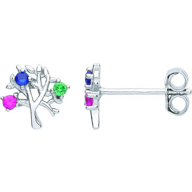Jewelco London Ladies Rhodium Plated Sterling Silver Red Green Blue CZ RGB Rainbow Tree of Life Stud Earrings - EAG1082