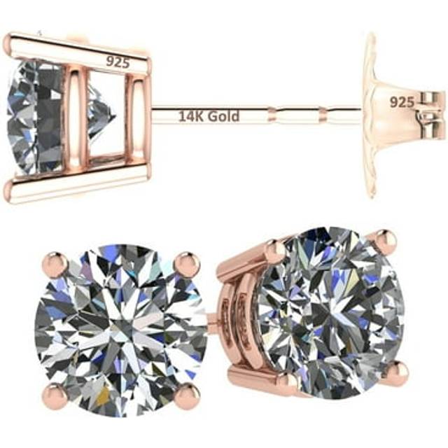 Central Diamond Center 14K Solid Gold Post & Sterling Silver 4 Prong CZ Stud Earrings - Rose Gold Plated - 6.50mm - 2.00cttw