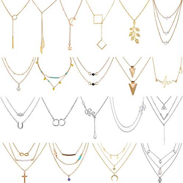 AROIC 20 PCS Pendant Necklace with 14 PCS Gold 6 PCS Sliver 20 styles of necklaces for Women Jewelry Fashion and Valentine Birthday Party Gift