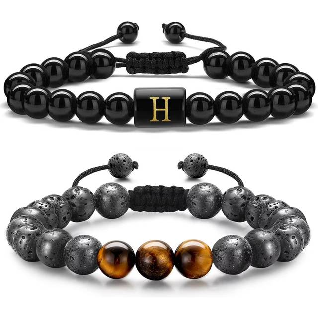 Best Gifts for Men Lava Bracelet 8mm Tiger Eye Lava Rock Stone Mens Bracelet Stress Relief Beads Adjustable Healing Initial Bracelet for Men Beads Le