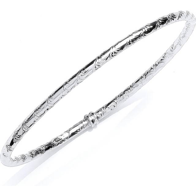 Jewelco London Ladies Platinum Plated Sterling Silver Diamond-cut Floral Tube Slave Bangle Bracelet 3mm - GVG219