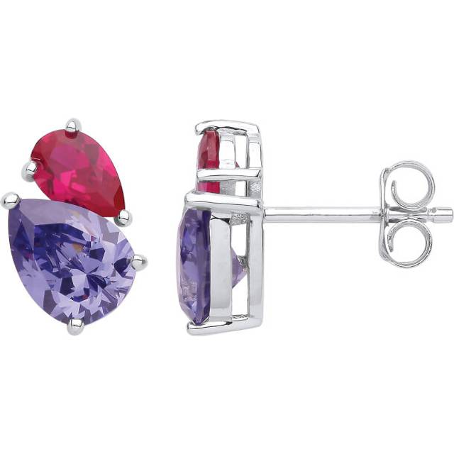 Jewelco London Ladies Rhodium Plated Sterling Silver Lilac Red Pear CZ Passing Ships Toi et Moi Stud Earrings - GVE972