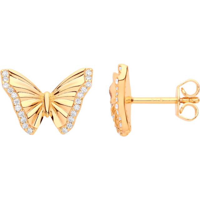 Jewelco London Ladies Gold-Plated Sterling Silver CZ Magestic Butterfly Pave Edge Stud Earrings - EAG1098