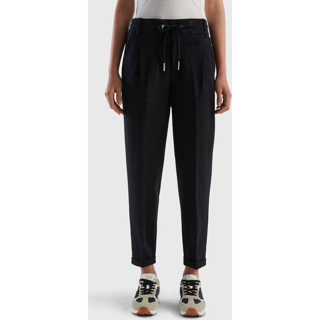 Benetton, Yarn-dyed Trousers With Drawstring, size L, Black, Women