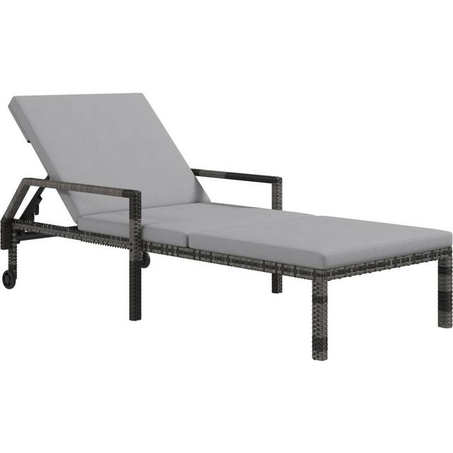 Outsunny Rattan Wicker Sun Lounger, Grey, Outdoor Recliner with 5-Level Adjustable Backrest and 2 Wheels Aosom UK