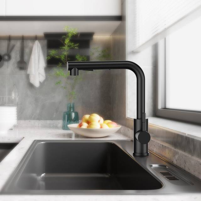Pull Down Spray Single Lever Kitchen Tap - Black (25cm)