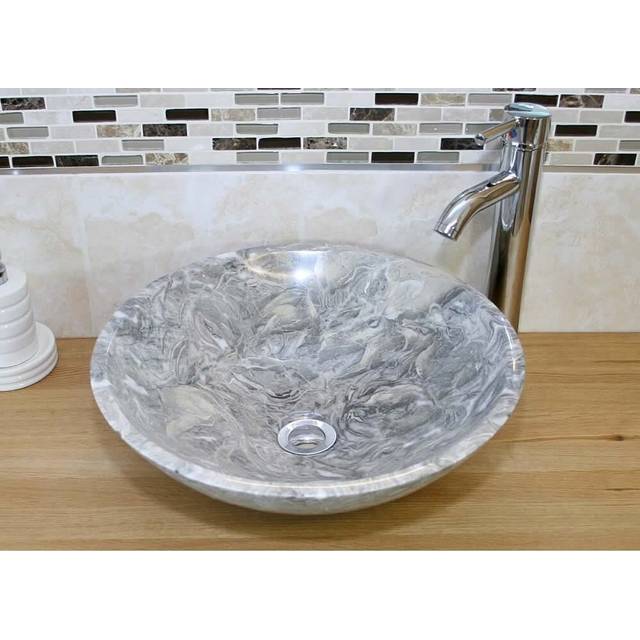 Berrin Stone Handmade Round Bathroom Sink - Grey Marble (430mm L X 430mm W X 140mm H)