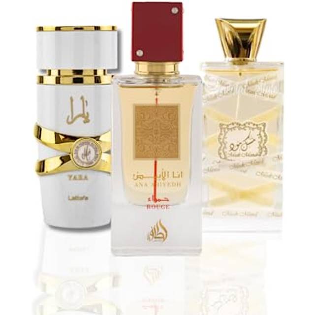 Lattafa 3-Piece Set for Unisex  (3.4 Oz Musk Mood Eau De Parfum Spray + 2.0 Oz Ana Abiyedh Rouge Eau De Parfum Spray + 3.4 Oz Yara Moi Eau De Parfum S