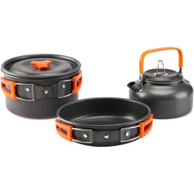 3pcs Portable Outdoor Camping Cookware Water Kettle Pan Sets Alumina Cooking Kits Utensils Hiking Picnic
