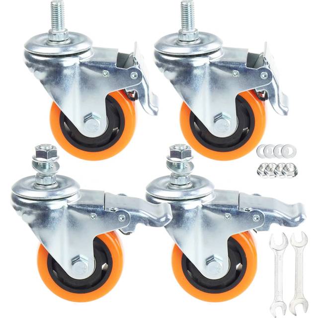 Heavy Duty Swivel Wheels  3 Inch Yellow PVC Casters with Metric Stem M12-1.75x25mm Double Brakes Castors Safety Wheels up to 1200 Lbs/Set for Industry