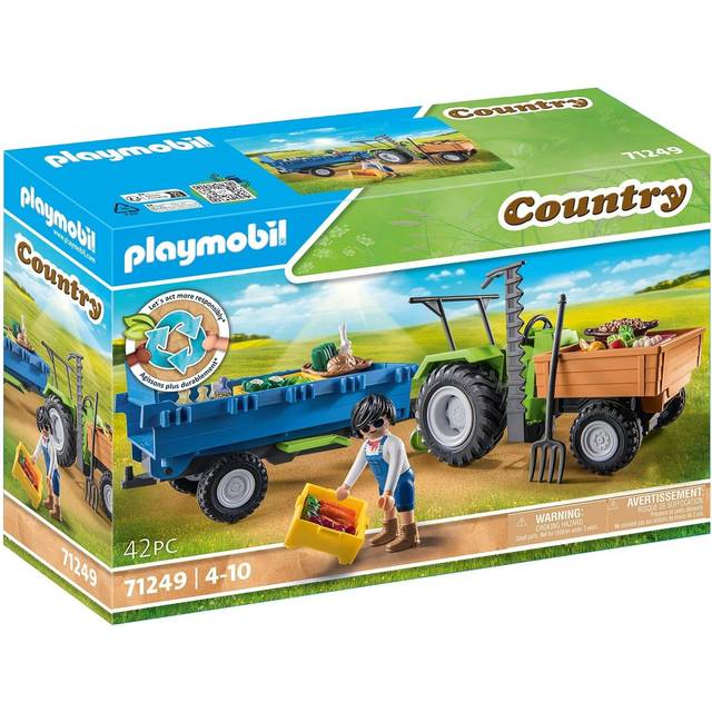 PLAYMOBIL Country 71249 Harvester Tractor with Trailer inkl. Transportlådor, grön traktor för den ekologiska gården, hållbar leksak för barn i åldern 4+