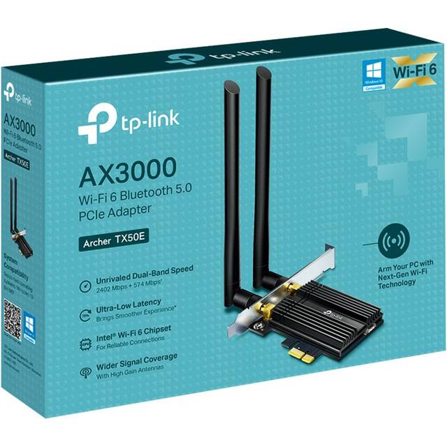TP-Link Archer TX50E AX3000 WiFi 6 PCIe-adapter med Bluetooth 5.0 (två flerriktade antenner, Intel Wi-Fi 6-chipset, kylfläns, WPA3-krypteringsstandard) Svart