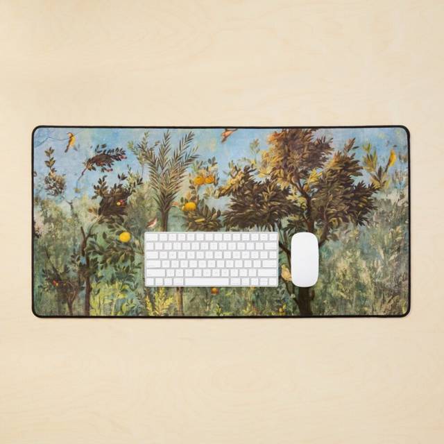 Desk Mat ANTIQUE ROMAN WALL PAINTING Flower Garden Flying Birds ,Quince and Apple Trees  Large Gaming Mouse Pad 35x16 inch