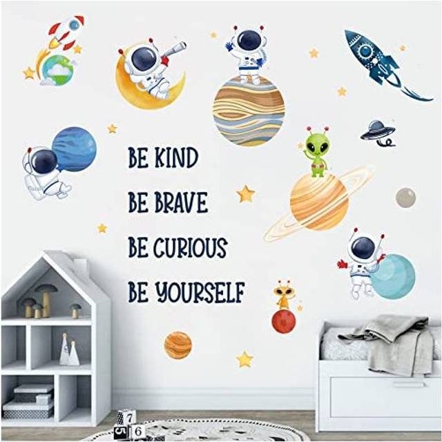 Planets Outer Space Wall Stickers Be Kind Be Brave Inspirational Quote Astronaut Peel and Stick Wall Art Decals for Baby Nursery Kids Bedroom Playroom