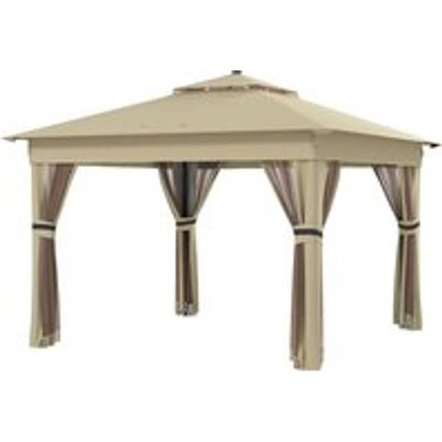 Outsunny 3 X 3(m) Pop Up Gazebo Party Tent With Solar-powered Led Lights, Adjustable Event Shelter With Curtain, Netting, Khaki