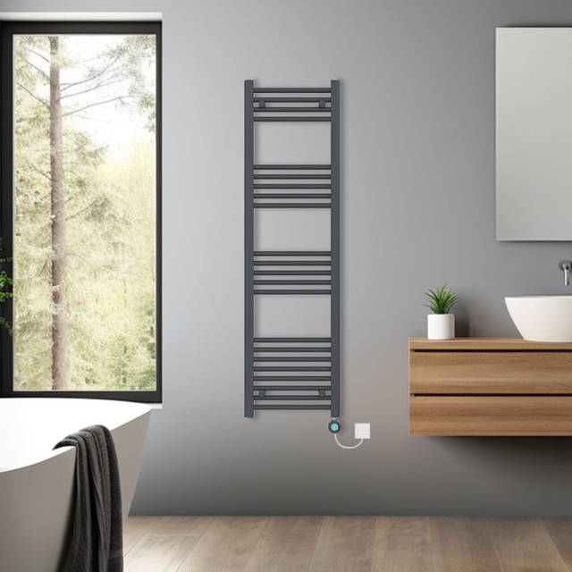 (Anthracite, 1400x400mm) Bathroom Prefilled Electric Heated Towel Rail Straight Radiator Thermo Smart WiFi
