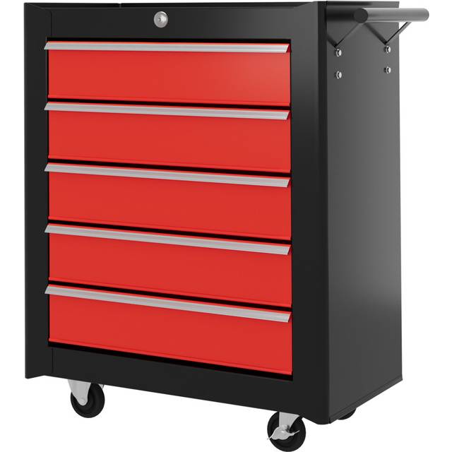 HOMCOM 5-Drawer Tool Chest Steel Lockable Tool Storage Cabinet w/ Wheels Red, Red