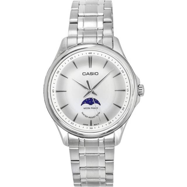 Casio Standard Analog Moon Phase Stainless Steel Silver Dial Quartz MTP-M100D-7A Men&#39;s Watch