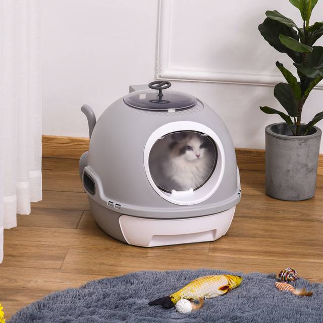 Futuristic Capsule-Shaped Cat Litter Box W/ 2 Doors Litter Scoop Drawer Standard Little Box - Grey (44cm H X 47cm W X 55cm D)