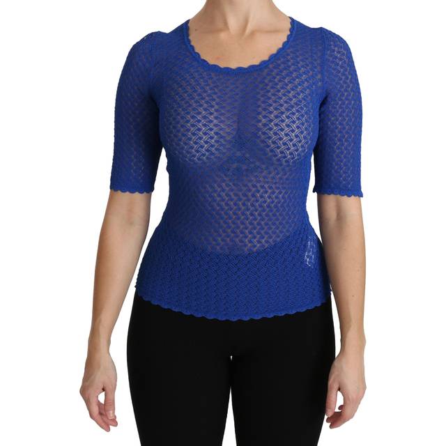 Dolce & Gabbana, T-Shirts, female, Blue, S, Blue See Through Round Neck Top Viscose Blouse