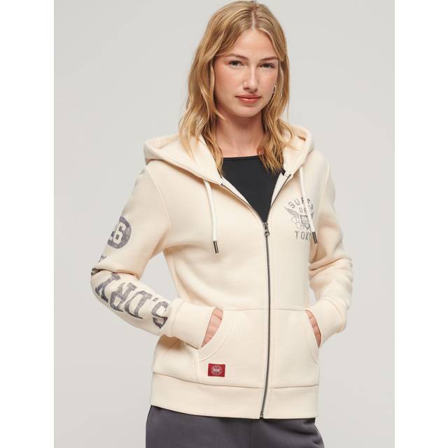Superdry Athletic College Zip Up Hoodie - Oatmeal Beige