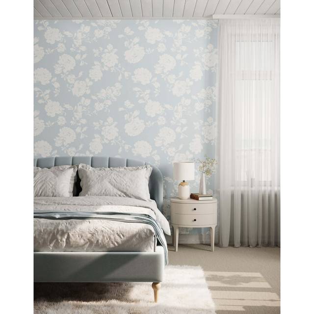 Auda 7m x 75cm Matte Stencil Effect Floral Wallpaper Roll - Blue