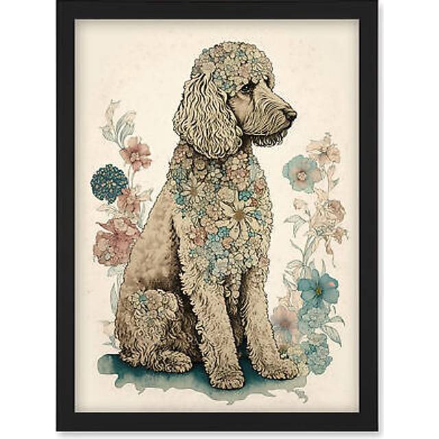 Poodle Dog with Flower Fur Coat Modern Boho Watercolour Illustration Artwork Framed Wall Art Print A4 - Black - One Size