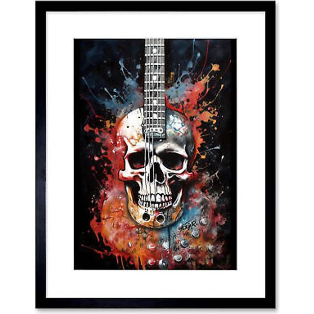 Wall Art Print Electric Skull Guitar Death Metal Music Concept Splatter Art Modern Acrylic Painting Artwork Framed 9X7 Inch - Black - W7 inch x H9 inc - W7 inch x H9 inch