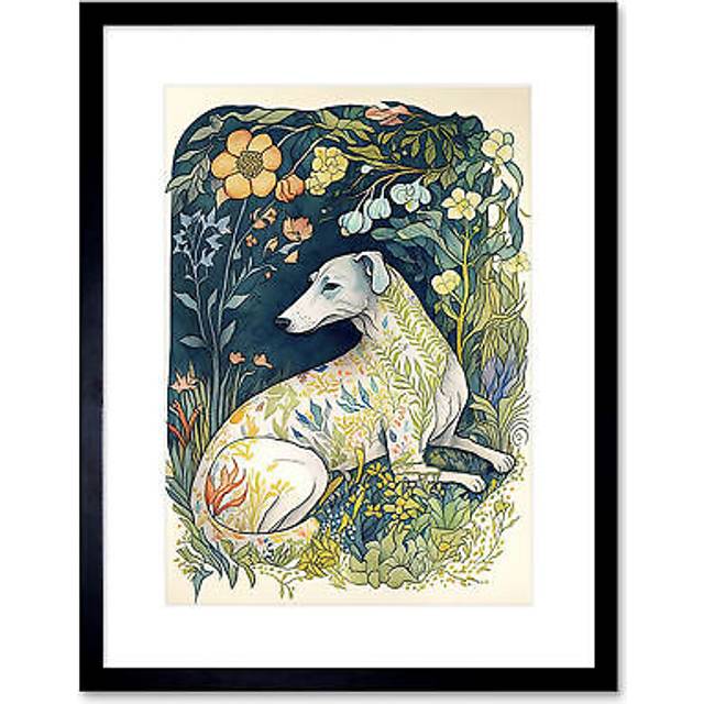 Wall Art Print White Greyhound Dog with Floral Pattern Fur Coat lying in Flower Field Modern Artwork Framed 9X7 Inch - Black - W7 inch x H9 inch
