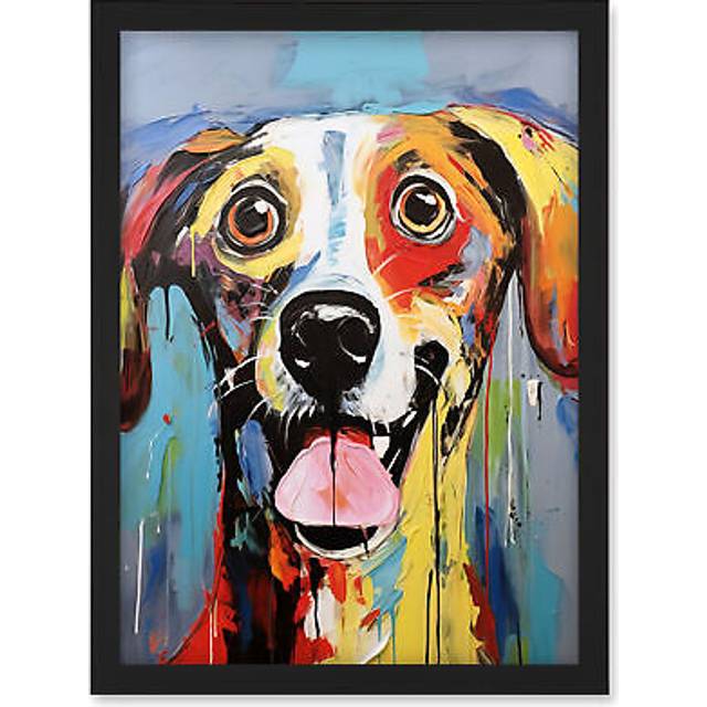 Wall Art Print Colourful Dog Portrait Artwork by Jason Brydson Happy Face Oil Painting Bold Bright Vibrant Artwork Framed A4 - Black - A4