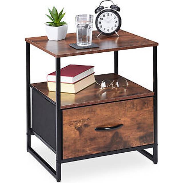 Relaxdays - Night Stand, Side Table, Drawer, h x w x d: approx. 50 x 45 x 40 cm, Metal & mdf, Black/Brown