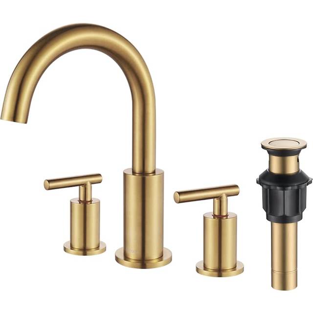 FORIOUS Brushed Gold Bathroom Faucet 3 Hole, Two Handle Bathroom Sink Faucet Gold with Metal Overflow Drain, 8 inch Widespread Bathroom Faucet with 3