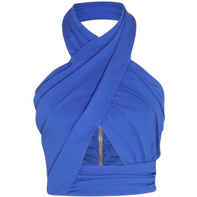 Balmain, Topp, Dam, XL, Draperad Jersey Crop Top - blue (XL)