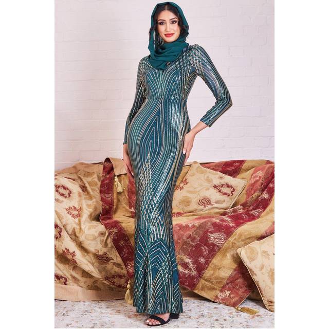 Goddiva Modesty Two Toned Sequin Maxi - Emerald Green - 14
