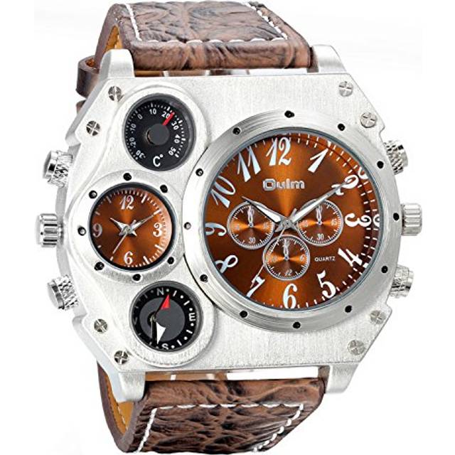 Avaner Mens Big Face Military Wrist Watch Analog Quartz Unique Cool Sport Watch PU Leather Strap Two Time Zone Display with Decorative Compass