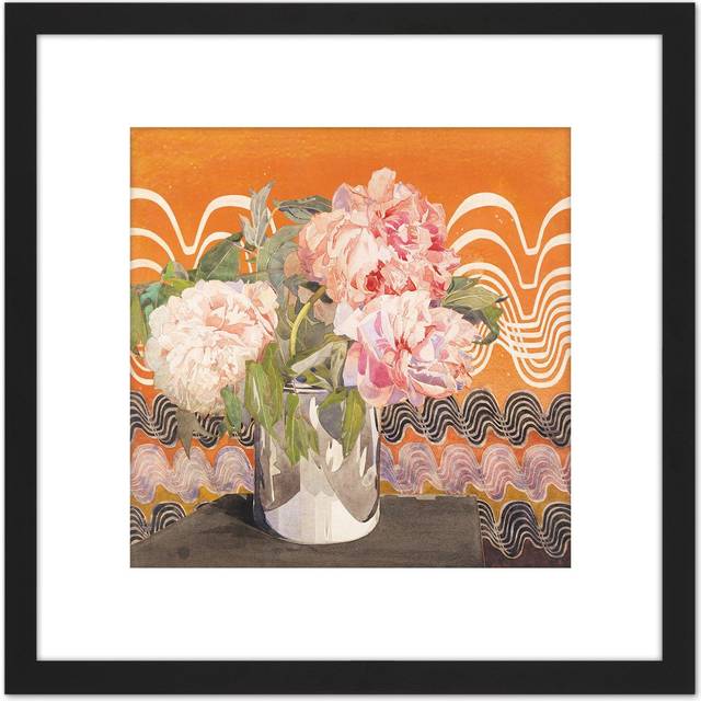 Rennie Mackintosh Peonies Flowers Vase Painting 8X8 Inch Square Wooden Framed Wall Art Print Picture with Mount - Black - One Size