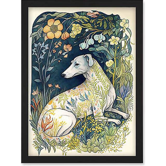 White Greyhound Dog with Floral Pattern Fur Coat lying in Flower Field Modern Illustration Artwork Framed Wall Art Print A4 - Black - One Size