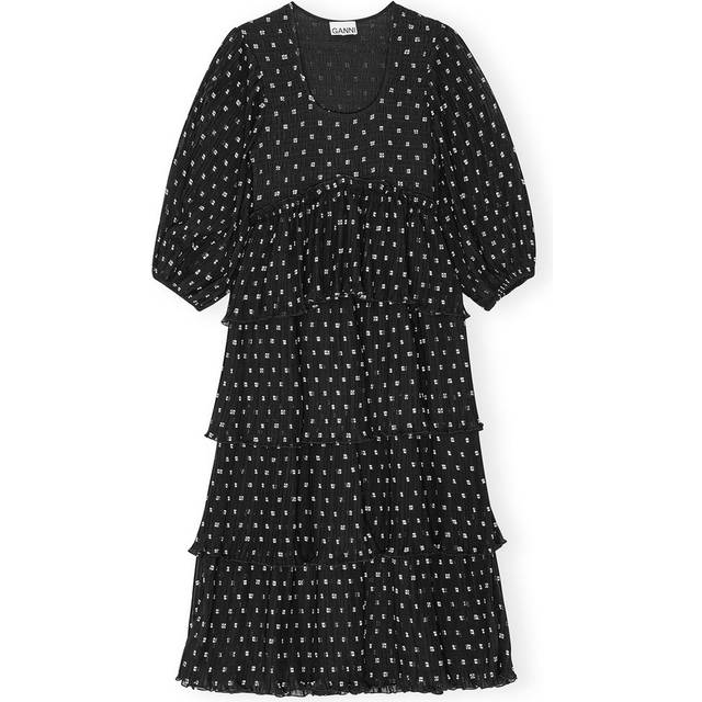 Ganni Logo-Print Pleated Georgette Midi Dress - EU 36/UK 8 - Black