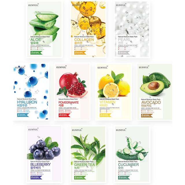 EUNYUL [PACK OF 10] Natural Sheet Mask Pack 10 types Korean Skincare Facial Mask Pack Aloe  Collagen  Pearl  Hyaluron  Avocado  Pomegranate  Vitamin