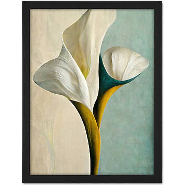 Wall Art Print Cala Lily Lilies Flower Abstract Minimalist Painting Duck Egg Cream Mustard Large Framed Wall Décor Art - Black - W18 inch x H24 inch
